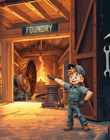 Interior illustration from Billy the Lost Boiler — young boy at a foundry